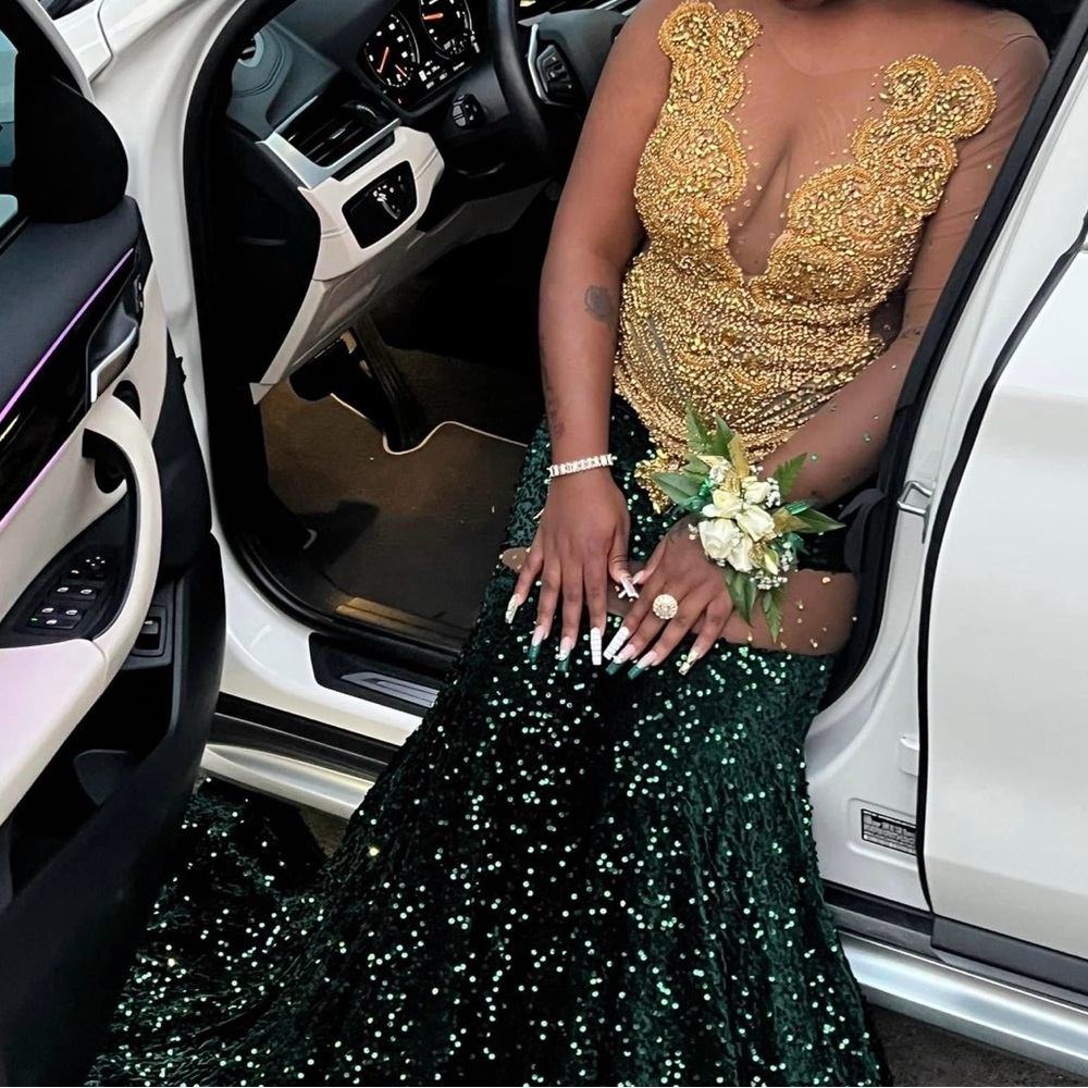 Gold Embellished Bodice with Emerald Sequin Skirt Prom Dress
